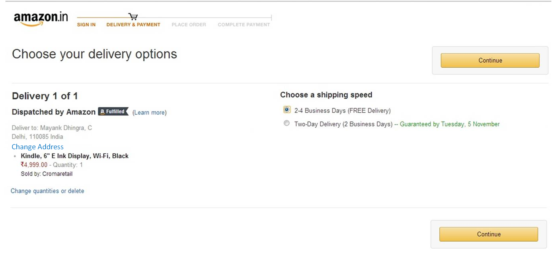Delivery address and options page - Amazon.in
